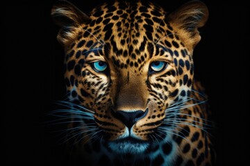 Poster - A detailed view of a leopard's face with striking blue eyes. Perfect for wildlife and animal lovers