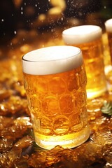 Poster - Two glasses of beer sitting on a table. Perfect for pub or bar concept
