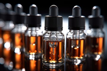 Poster - A group of small bottles filled with liquid. Great for pharmaceutical or laboratory concepts