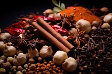 Poster - Various spices and herbs neatly arranged on a wooden table. Suitable for cooking and food preparation concepts