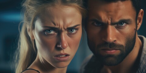 Poster - A man and a woman looking at the viewer. Suitable for various concepts