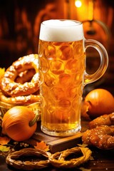 Poster - A glass of beer on a wooden table, suitable for bar or restaurant concepts
