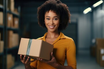 Poster - Woman holding a box in a warehouse, suitable for business concepts