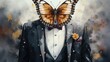 A man in a tuxedo with a butterfly on his head. Suitable for formal events and quirky concepts