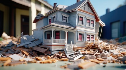 Poster - A model house placed on a pile of rubble. Suitable for construction, disaster, or rebuilding concepts