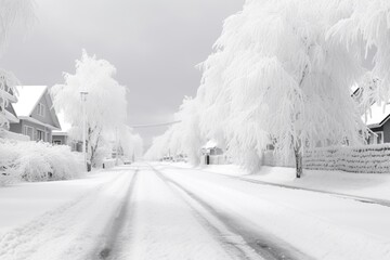 Poster - A snowy street lined with trees, perfect for winter-themed designs