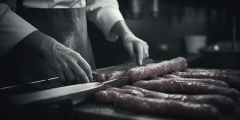 Poster - Person cutting sausages on a cutting board. Suitable for food preparation concepts