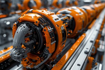 Poster - A vibrant orange machine stands tall in an indoor setting, showcasing its intricate engineering with steel pipes and metal auto parts