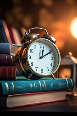 Poster - A clock resting on a pile of books. Perfect for educational concepts