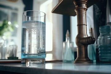 Poster - A glass of water sitting on a counter, suitable for various uses