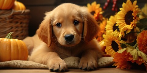 Sticker - Adorable puppy relaxing next to a basket of flowers. Perfect for pet lovers and garden enthusiasts