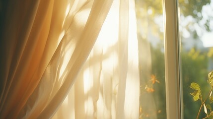 Poster - Interior window with a curtain and a plant, suitable for home decor concepts