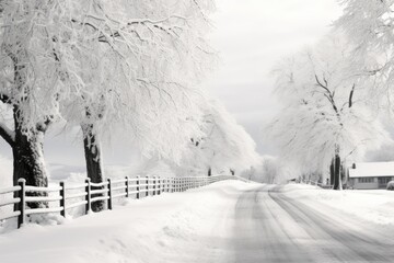 Poster - Winter landscape with snowy road and trees. Perfect for seasonal backgrounds