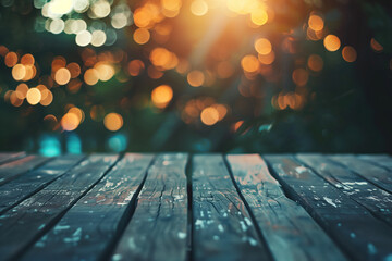 Poster - Abstract background with a wooden board, lights and bokeh. A slide background for showcasing creative content. Background image. Created with Generative AI technology.