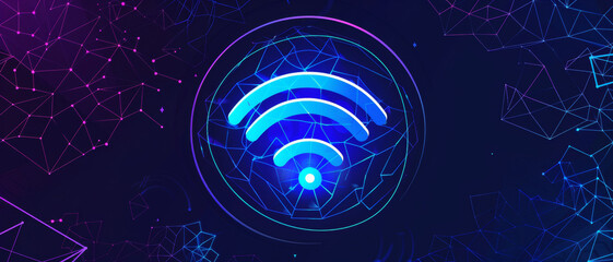 Wall Mural - Digital neon Wi-Fi symbol surrounded by abstract geometric shapes.