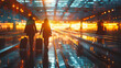 Silhouetted travelers with suitcases on airport moving walkway
