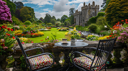 Wall Mural - Authentic in super high resolution. A castle with a garden with colorful flower fields around it and a romantic long narrow river flowing through it,