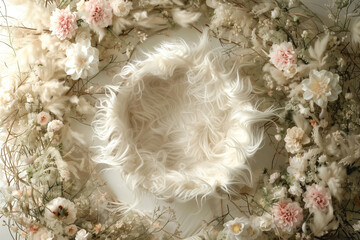 Newborn Floral digital backdrop. Moses basket, fur nest, featherbed, fluffy bed, crib. Background for Montage in Newborn Photography.