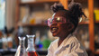 Candid happy young african american child in fancy dress as a scientist in a lab. AI generated
