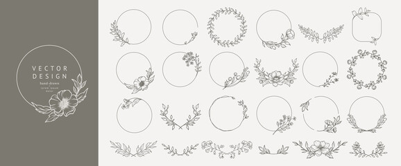Wall Mural - Elegant minimal style floral circle frame. Hand drawn botanical round borders and wreaths with branches, leaves and flowers in line art. Vector isolated set for wedding invitation, card, logo design