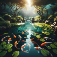 Japanese Garden Serene Koi Orange White Fish Swimming On Water Stone Rock Tranquil Pond Beside With Lily Pads Sunset Time Nature Colorful Vibrant Green Style Background Tree Flower Quiet Calm Place