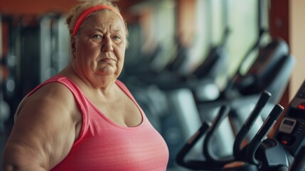 An overweight mature elderly middle aged woman stands with her back in the gym preparing to play sports, the concept of an active life in old age, taking care of the body