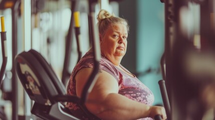 Wall Mural - An overweight mature elderly middle aged woman stands with her back in the gym preparing to play sports, the concept of an active life in old age, taking care of the body