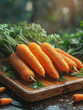 Fresh raw carrots with drops of water and parsley on wooden table