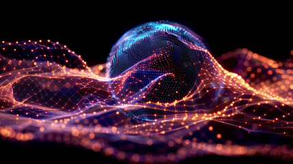 Wall Mural - looped distortion waves on abstract sphere of particles. digital data splash of spherical point arra