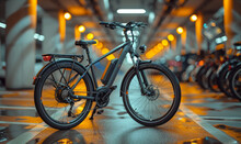 Electric Bicycle Parked In Garage Or Underground Parking Lot