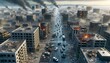 A render showcasing the aftermath of a catastrophic event in a town with charred buildings and streets filled with rubble. AI Generated