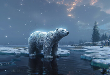 Polar bear standing on melting ice in snowy night with starry sky and trees in the background.