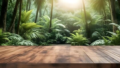 Photo 3d wooden table with a tropical forest or garden background for product placement