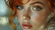 A fiery redhead with piercing eyes and flawless skin gazes into the camera, her full lips painted in a bold shade of lipstick, accentuating her delicate features and expertly lined eyes