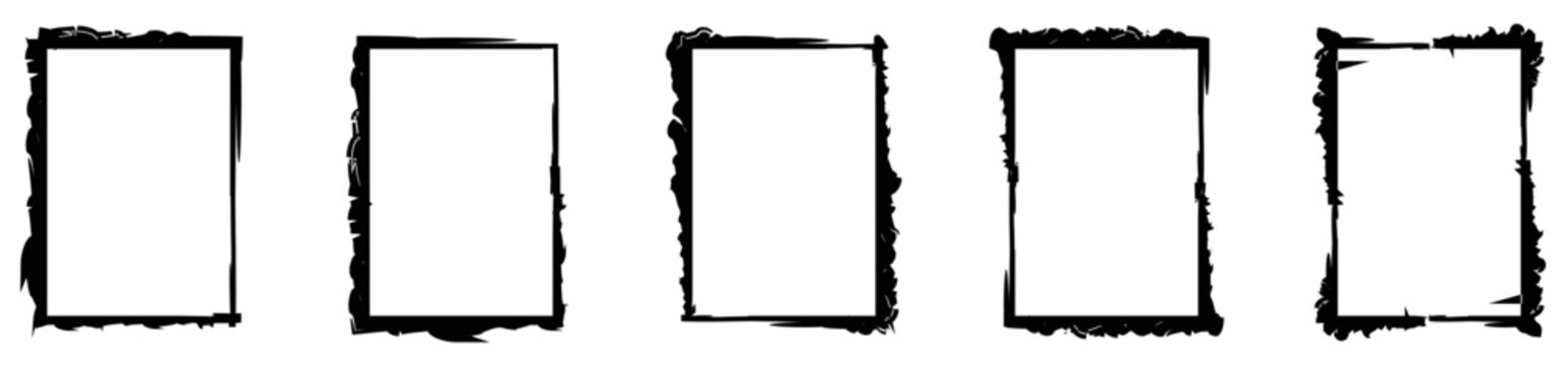 Set of grunge rectangle brush outline frames. Hand drawn frame border shape elements. Isolated elements.