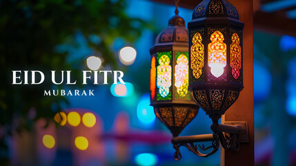 Wall Mural - Happy Eid ul fitr background Ornamental Arabic lantern glowing - Eid Mubarak