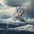 A sailing ship braving turbulent waters, caught in the midst of a storm, yet with a glimpse of clear skies and a distant shoreline ahead, symbolizing perseverance in the face of challenges.