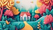 3D image of a cute one-story house in the forest with a path to the front door among bright trees