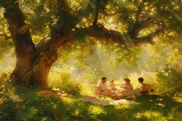 Aufkleber - Picnic under a leafy green tree, with golden sunlight filtering through