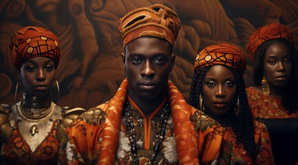 Four young serious beautiful African fashion models. National african clothes. Traditional colorful headwear on patterned background. Close up photo