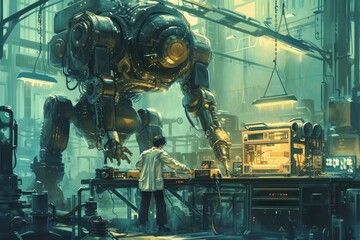 Poster - Robot mechanic repairing machinery in a factory