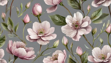 Wall Mural - floral seamless pattern painted light pink flowers and buds on grey background