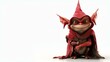 3D rendering of a cute cartoon goblin. The goblin is wearing a red pointed hat and a brown cloak. It has large ears and a friendly smile.