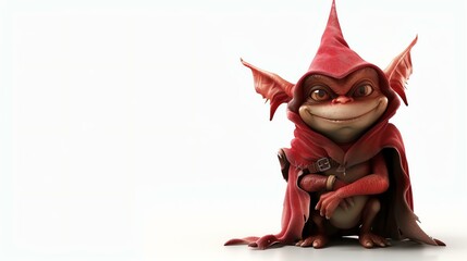 Wall Mural - 3D rendering of a cute cartoon goblin. The goblin is wearing a red pointed hat and a brown cloak. It has large ears and a friendly smile.