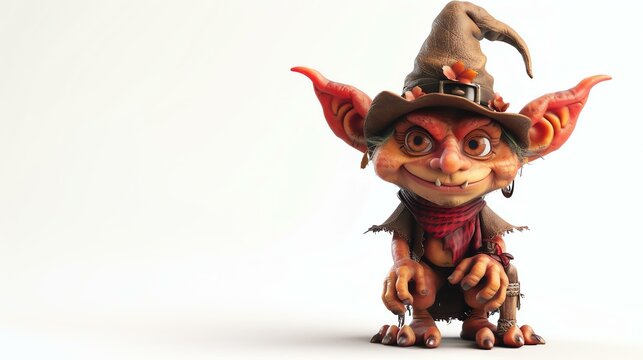 Cute orange goblin character with pointy ears, wearing a brown hat and red scarf.