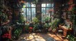 A cozy indoor garden oasis filled with lush houseplants in flowerpots, nestled by a sunny window in a building, resembling a miniature outdoor garden, creating a sense of calm and tranquility