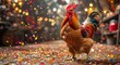 A majestic rooster stands amidst a sea of colorful confetti, exuding pride and strength as the king of the barnyard