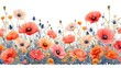  a painting of a field of flowers with blue stems and orange and white flowers in the middle of the frame, on a white background with blue stems and orange flowers in the middle.