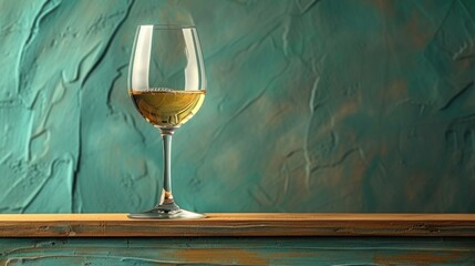  a glass of white wine sitting on top of a wooden table next to a painting of a teal green wall and a wooden table with a wooden table top.