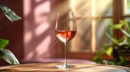  a glass of wine sitting on top of a wooden table next to a potted plant in front of a window with a sun shining through the window behind it.